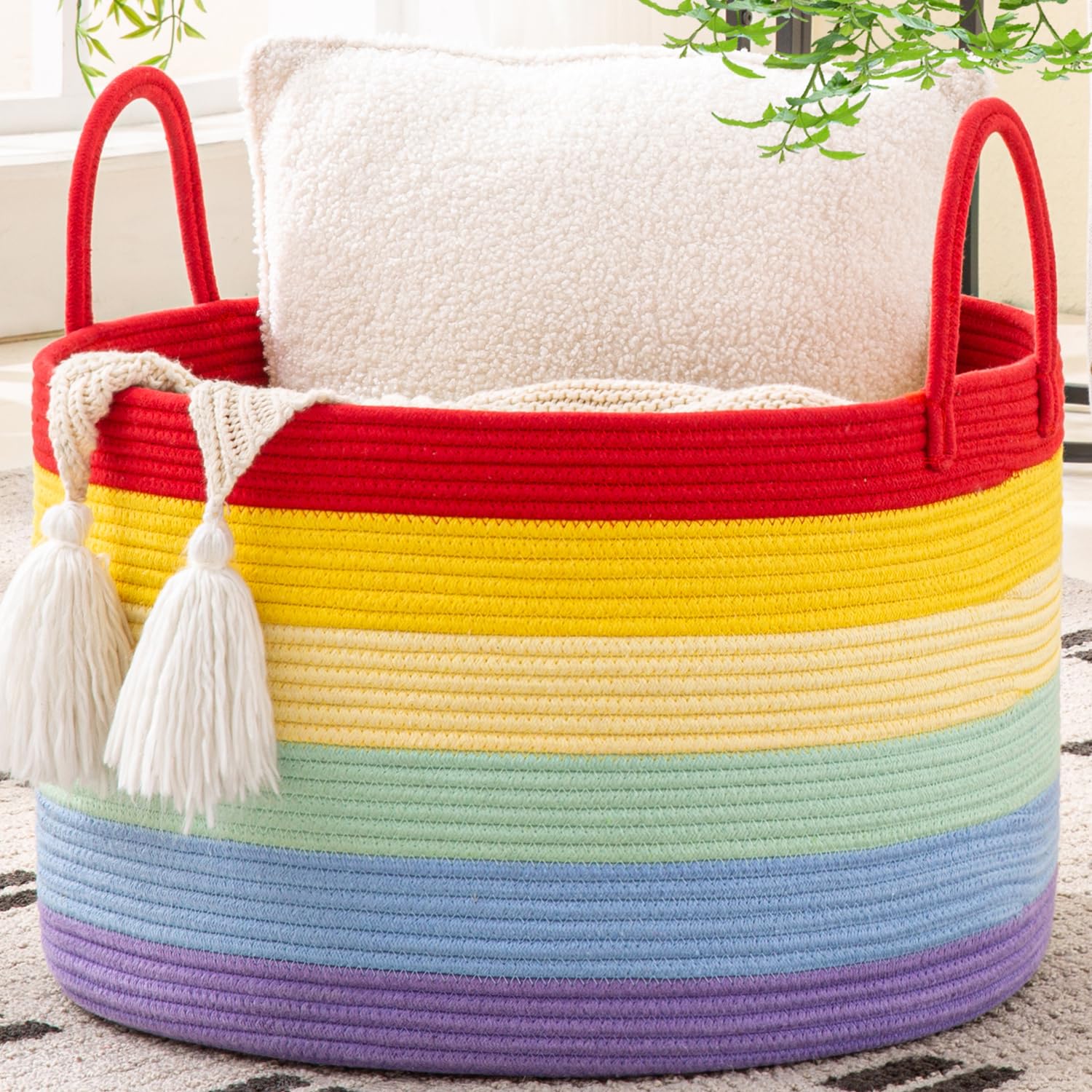 KAKAMAY Large Blanket Basket (20"x13"),Woven Baskets for storage Baby Laundry Hamper, Cotton Rope Blanket Basket for Living Room, Laundry, Nursery, Pillows, Baby Toy chest (White/Brown)